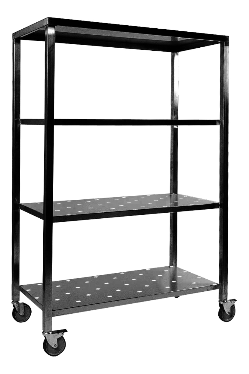CHARIOT DE REMBALLE 4 NIVEAUX PERFORES STRUCTURE TUBE 25X25 4 ROULETTES D.125MM DONT 2 AF