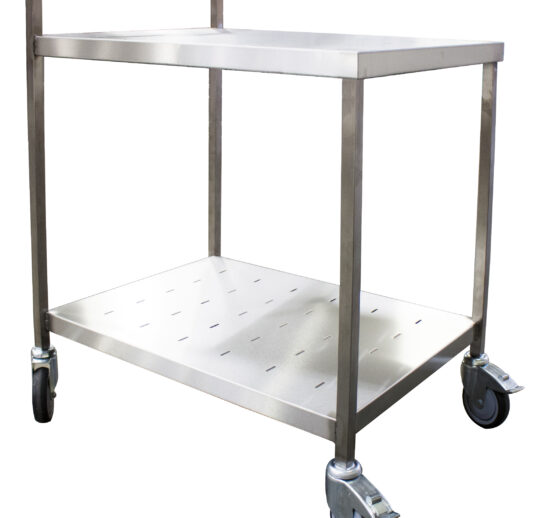 TABLE DE SERVICE ROULANTE INOX 304,2 NIV. PLATEAUX PERFORES AVEC BARRE DE POUSSEE, STRUCTURE
