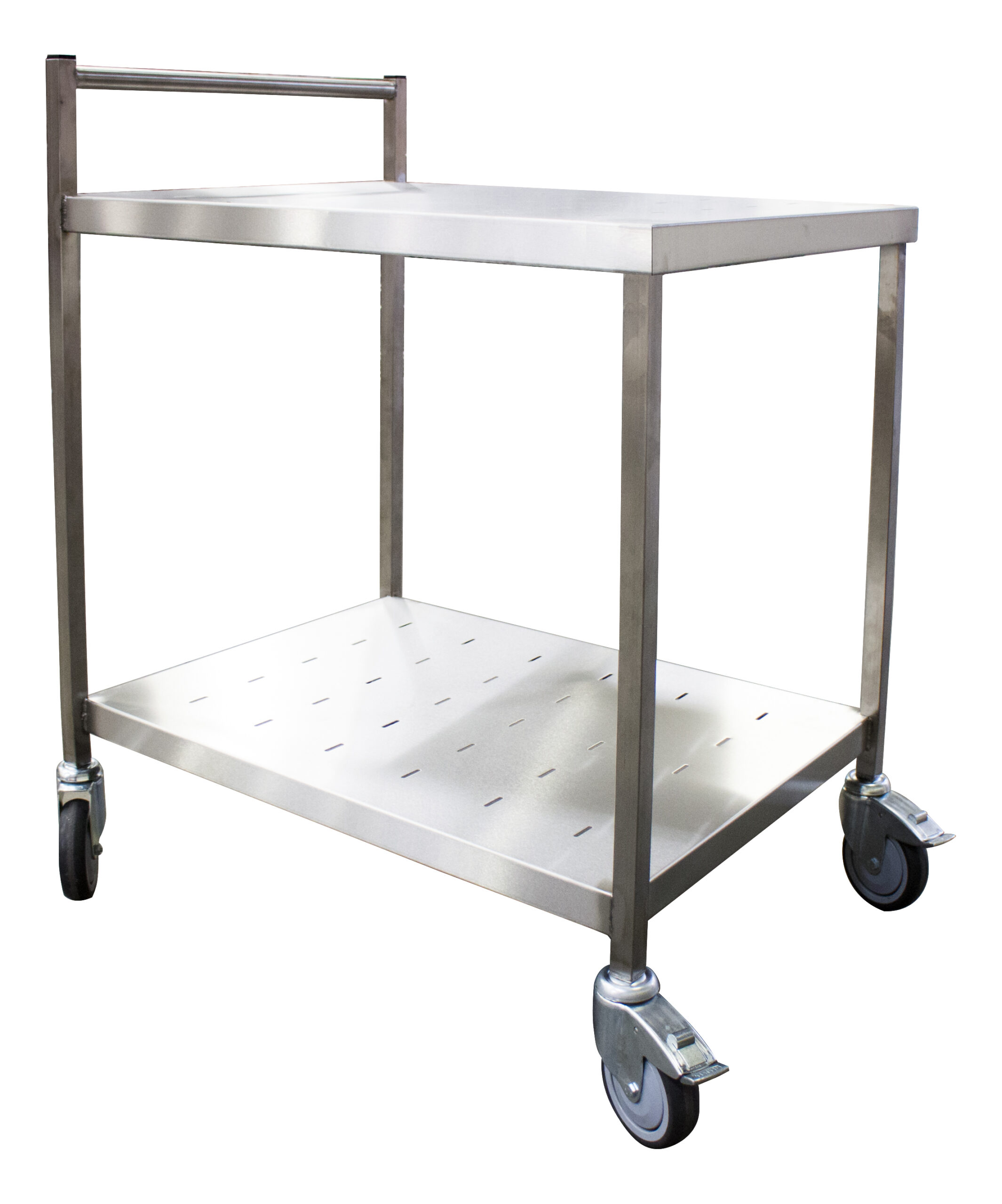 TABLE DE SERVICE ROULANTE INOX 304,2 NIV. PLATEAUX PERFORES AVEC BARRE DE POUSSEE, STRUCTURE