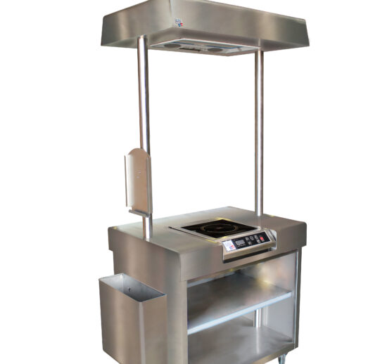 MEUBLE DE DEGUSTATION INOX 304, EQUIPE D'UNE PLAQUE A INDUCTION 3.5KW ET D'UNE HOTTE ENCASTREE