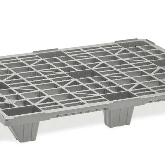 PALETTE PP RECYCLEE ECONOMIQUE EMBOITABLE GRISE 9 PLOTS - 4 ENTREES - CHARGE DYNAMIQUE: 1000 KG