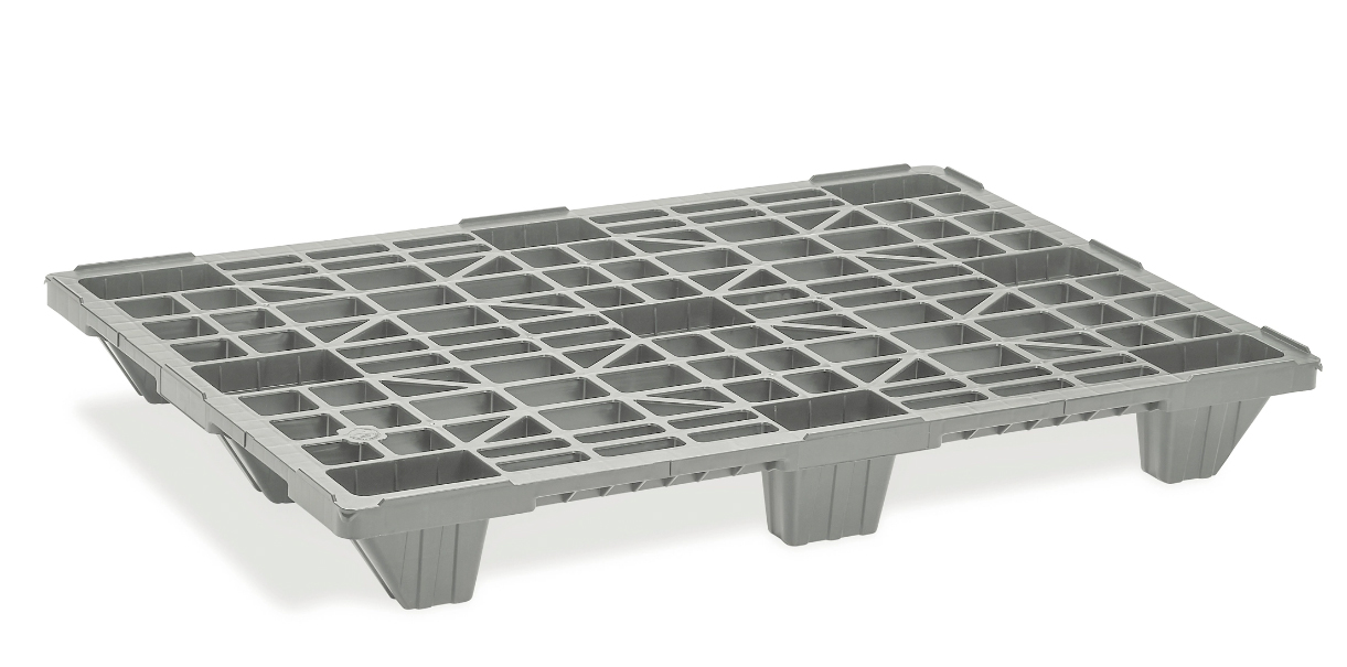 PALETTE PP RECYCLEE ECONOMIQUE EMBOITABLE GRISE 9 PLOTS - 4 ENTREES - CHARGE DYNAMIQUE: 1000 KG