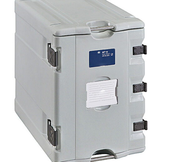 COFFRE ISOTHERME NEUTRE 12 NIVEAUX GN1/1-20 COULEUR GRIS-BLEU, POIGNEES INTEGREES EN INOX,