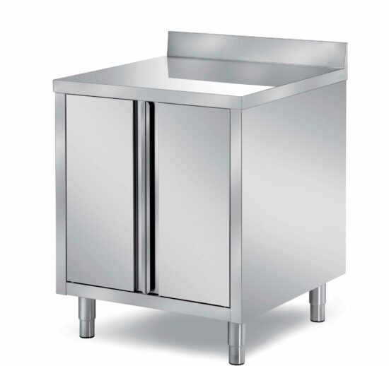 MEUBLE BAS INOX 304, ADOSSE 2 PORTES BATTANTES DOUBLEES, 1 ETAGERE REGLABLE