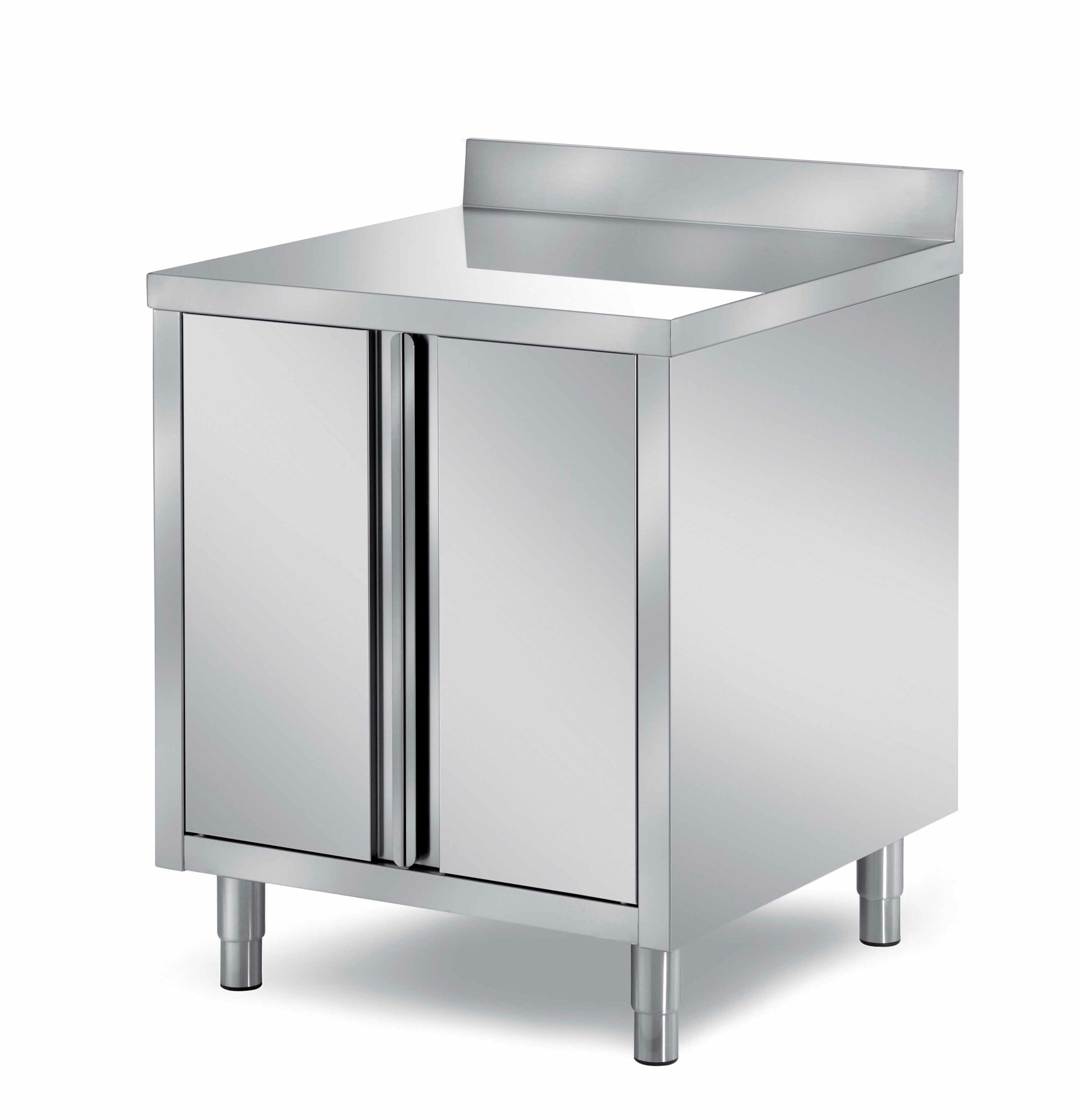 MEUBLE BAS INOX 304, ADOSSE 2 PORTES BATTANTES DOUBLEES, 1 ETAGERE REGLABLE