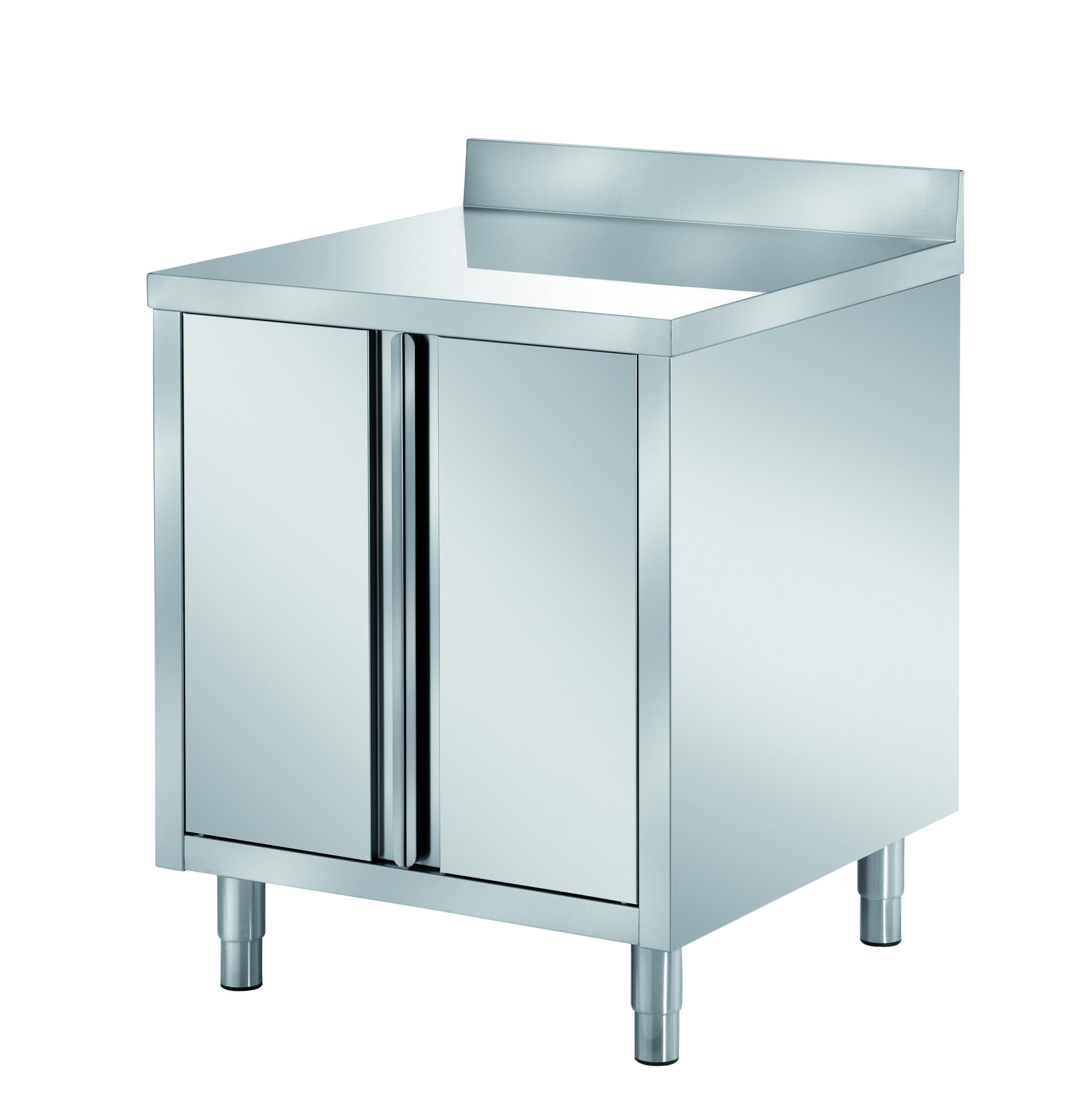 MEUBLE BAS INOX 304, ADOSSE 2 PORTES BATTANTES DOUBLEES, 1 ETAGERE REGLABLE