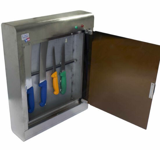 ARMOIRE INOX A STERILISER A AIMANT AVEC TUBE UV 8W STOCKAGE 15/20 COUTEAUX, PORTE PLEXI, MINUTERIE