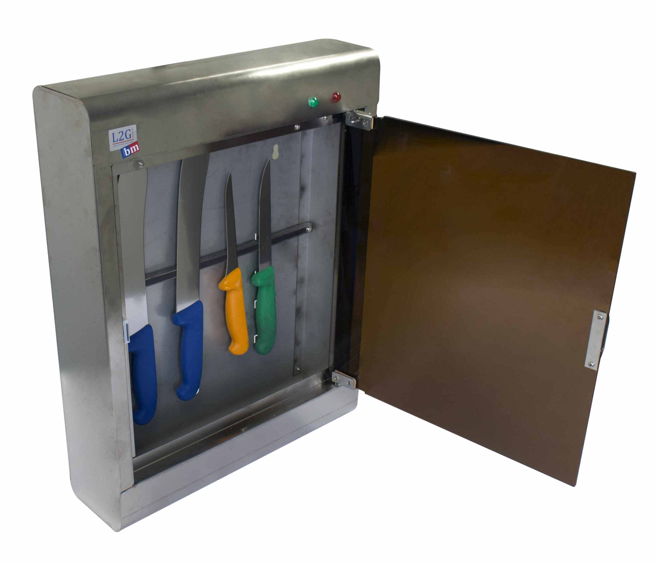 ARMOIRE INOX A STERILISER A AIMANT AVEC TUBE UV 8W STOCKAGE 15/20 COUTEAUX, PORTE PLEXI, MINUTERIE