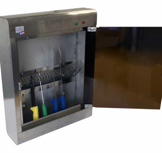 ARMOIRE INOX A STERILISER A PANIER AVEC TUBE UV 8W STOCKAGE 14 COUTEAUX, PORTE PLEXI, MINUTERIE