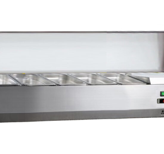VITRINE A INGREDIENTS INOX, +2/+8°C, GAZ R600A COUVERCLE INOX, 4GN1/3 + 1GN1/2-150, NON COMPRIS