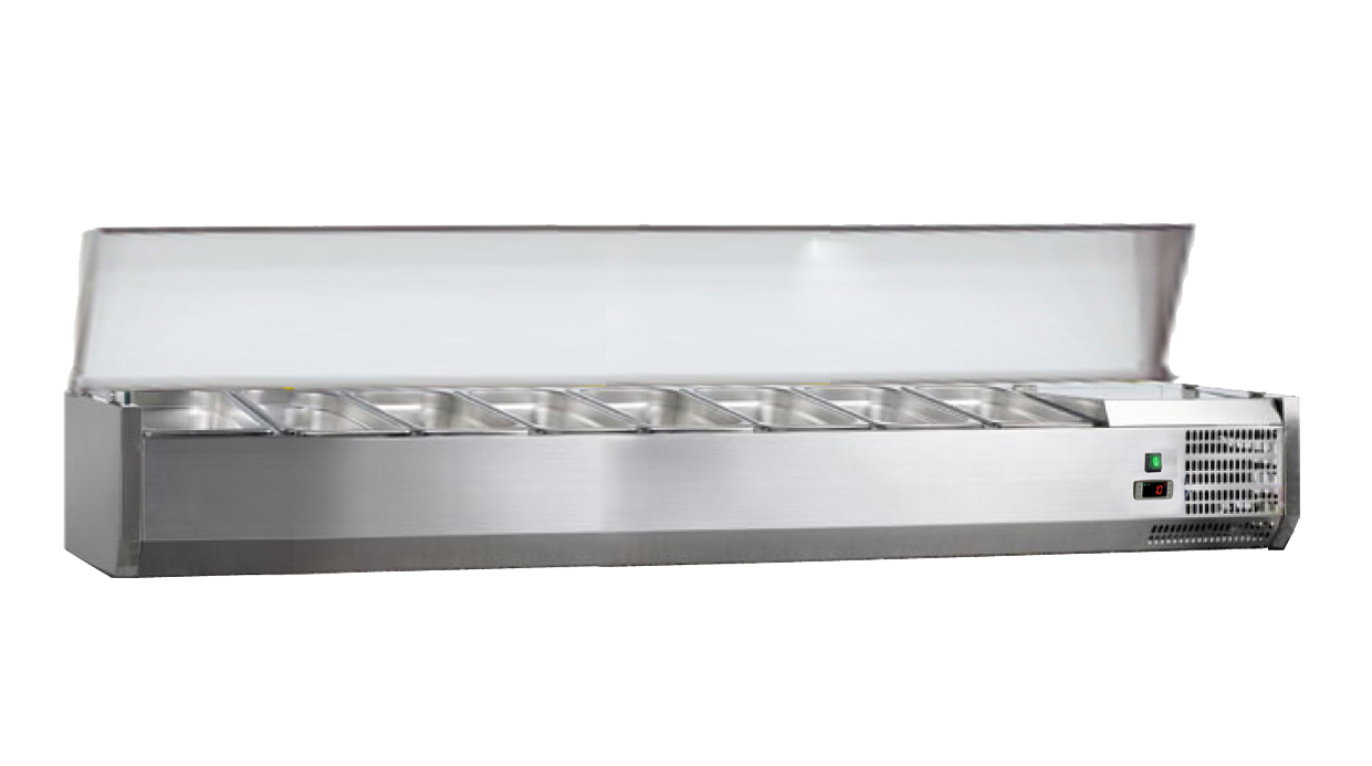 VITRINE A INGREDIENTS INOX, +2/+8°C, GAZ R600A COUVERCLE INOX, 8GN1/3-150 NON COMPRIS
