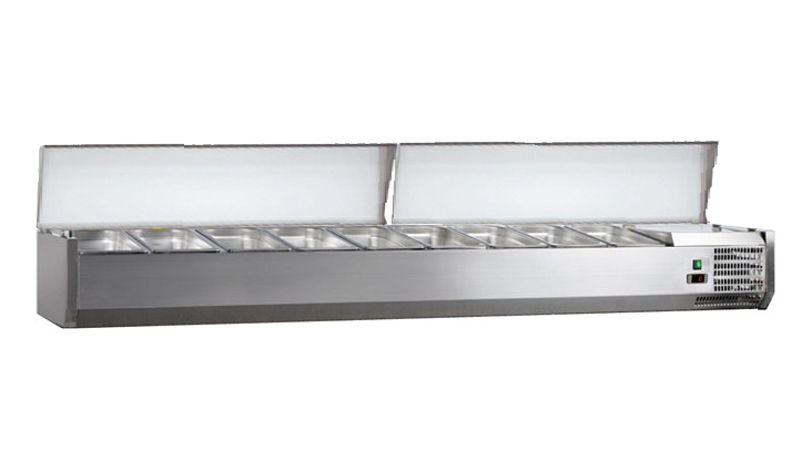 VITRINE A INGREDIENTS INOX, +2/+8°C, GAZ R600A 2 COUVERCLES INOX, 9GN1/3-150 NON COMPRIS