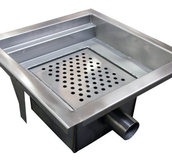 CANIVEAU INOX GRILLE A DECHETS AMOVIBLE, SIPHON SORTIE HORIZONTALE D.50 MM