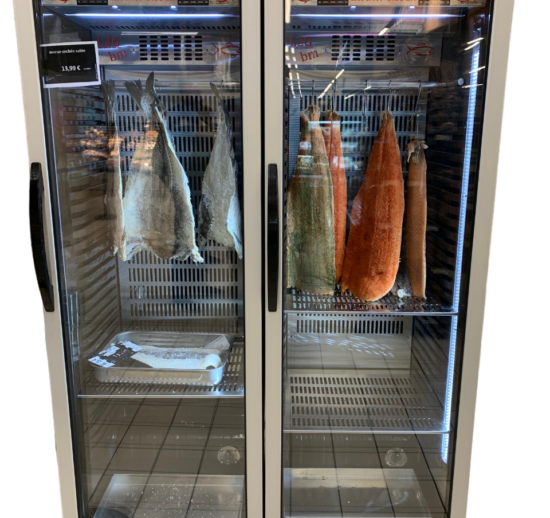 CAVE DE CONSERVATION POISSONS FUMES 0/+6°C A 25°C 60% HYGROMETRIE, EXTERIEUR INOX, 2 PORTES VITREES