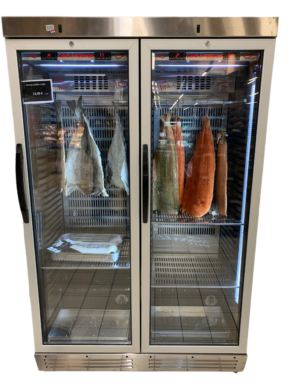 CAVE DE CONSERVATION POISSONS FUMES 0/+6°C A 25°C 60% HYGROMETRIE, EXTERIEUR INOX, 2 PORTES VITREES