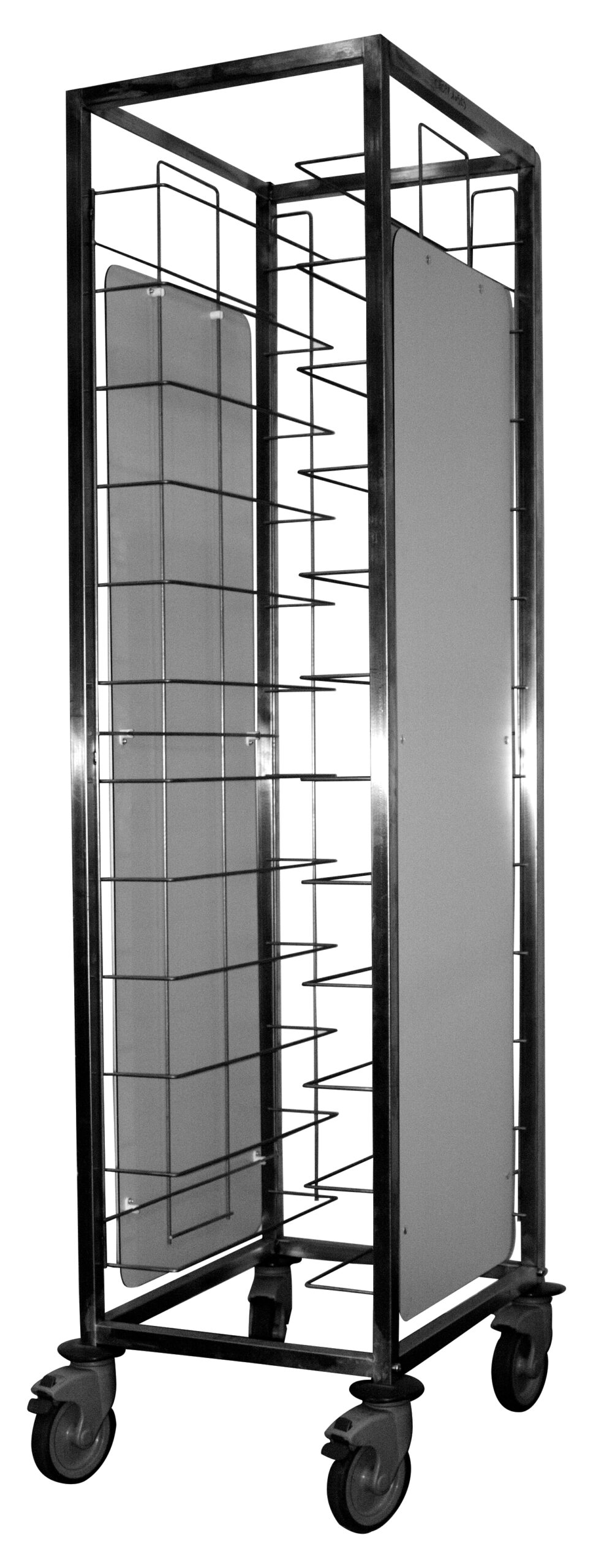 CHARIOT DE DEBARRASSAGE INOX 1X12 NIVEAUX, AVEC ROUES CHAPE POLYAMIDE, AVEC JOUES LATERALES