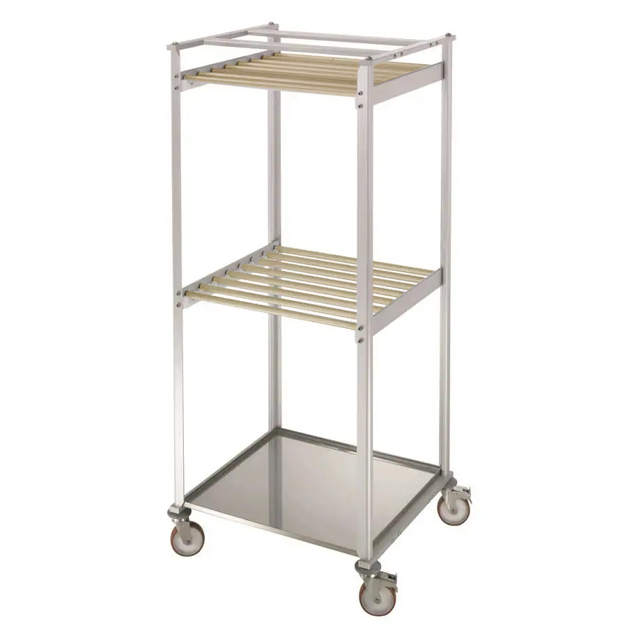 CHARIOT DE SECHAGE ALUMINIUM 2 NIVEAUX, 16 BARRES ACCROCHE-CHARCUTERIE EN BOIS, AVEC BASSINE