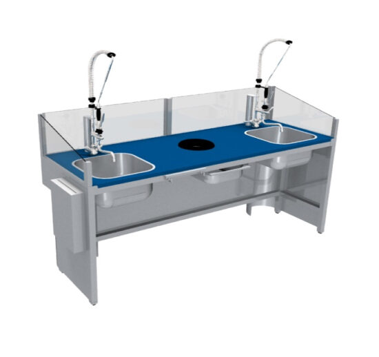 COMBINE DE PREPARATION POISSON DOUBLE POSTE DESSUS POLY BLEU AVEC DEUX BACS 400X400 MM