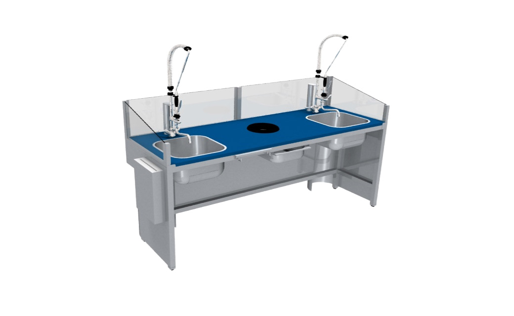 COMBINE DE PREPARATION POISSON DOUBLE POSTE DESSUS POLY BLEU AVEC DEUX BACS 400X400 MM