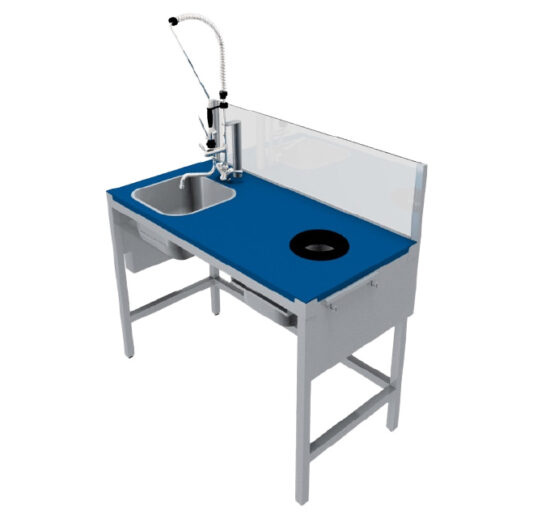 COMBINE DE PREPARATION POISSON SIMPLE POSTE DESSUS POLY BLEU AVEC UN BAC 400X400 MM