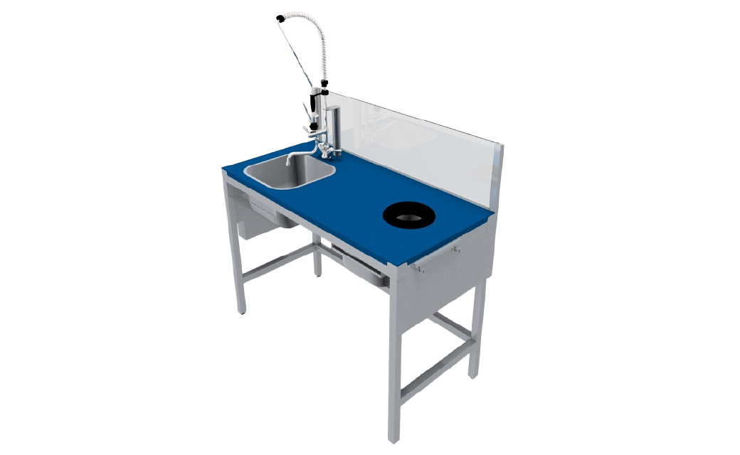 COMBINE DE PREPARATION POISSON SIMPLE POSTE DESSUS POLY BLEU AVEC UN BAC 400X400 MM