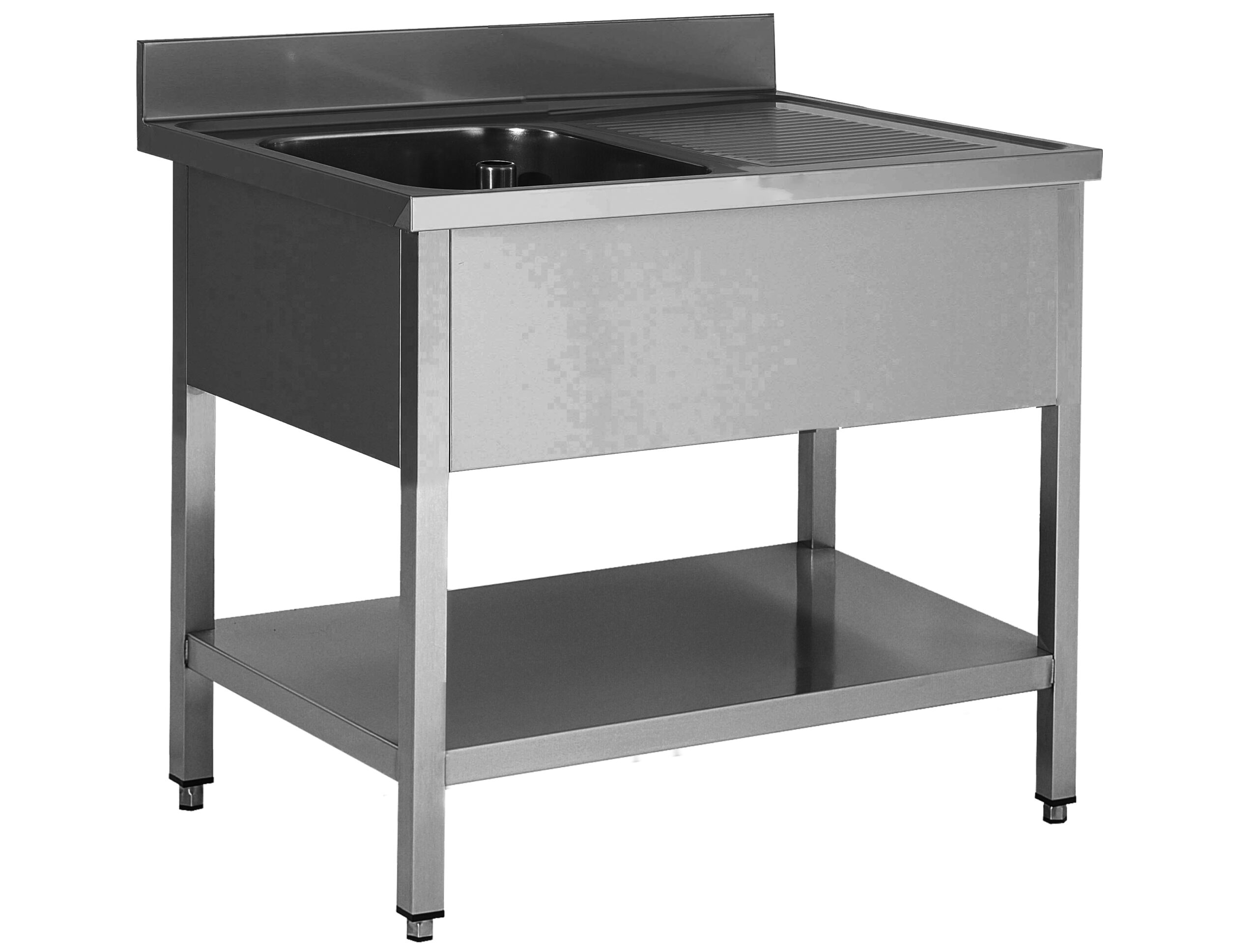 PLONGE INOX 304 DEMONTABLE, 1 BAC 400X400X250 MM PIEDS CARRES, EGOUTTOIR A DROITE, ETAGERE BASSE