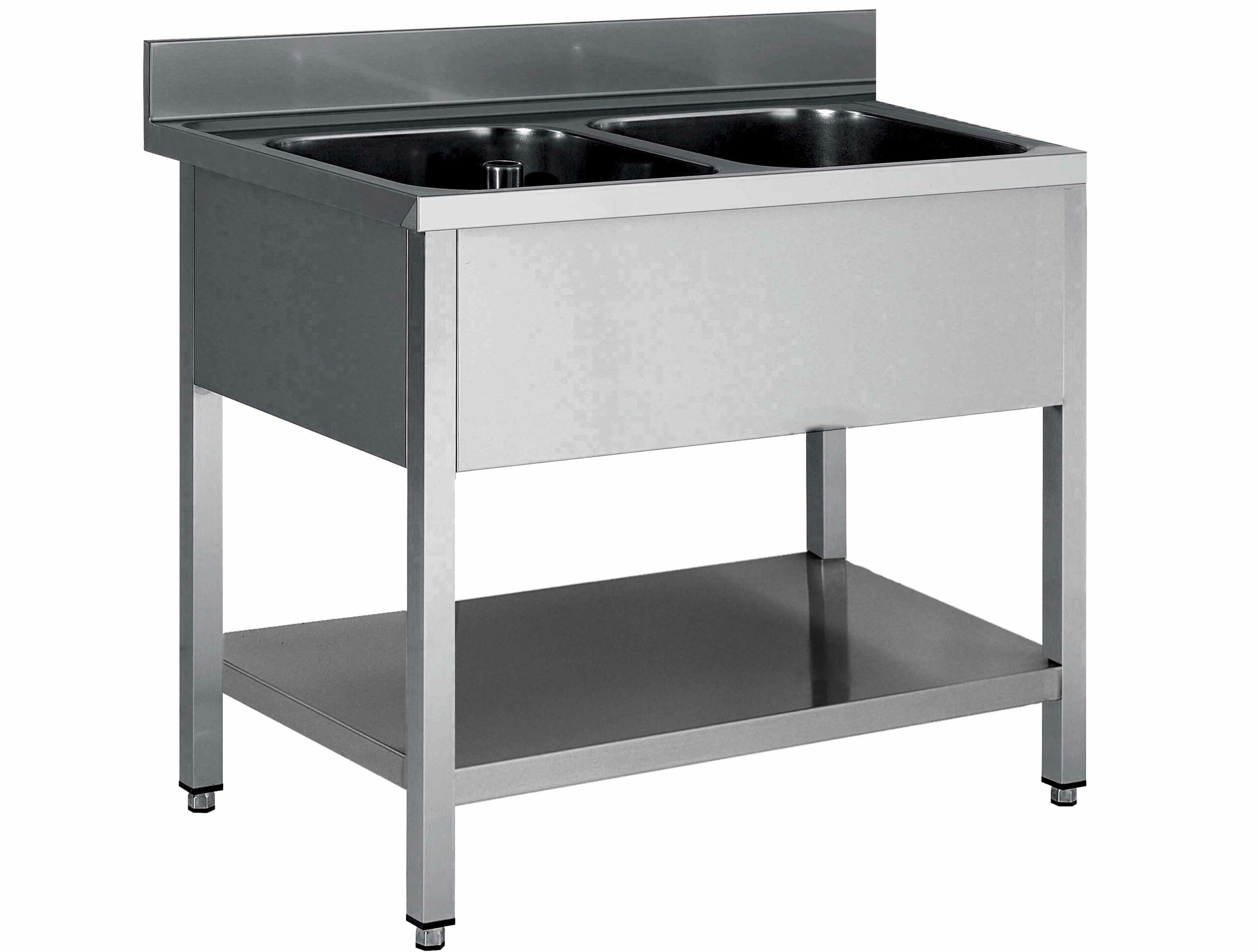 PLONGE INOX 304 DEMONTABLE, 2 BACS 500X400X250 MM PIEDS CARRES, SANS EGOUTTOIR , ETAGERE BASSE