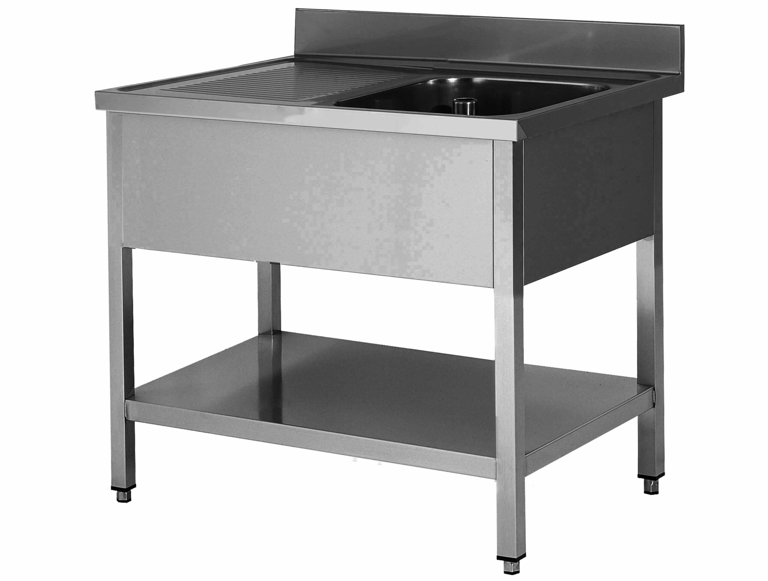 PLONGE INOX 304 DEMONTABLE, 1 BAC 500X500X300 MM PIEDS CARRES, EGOUTTOIR A GAUCHE , ETAGERE BASSE