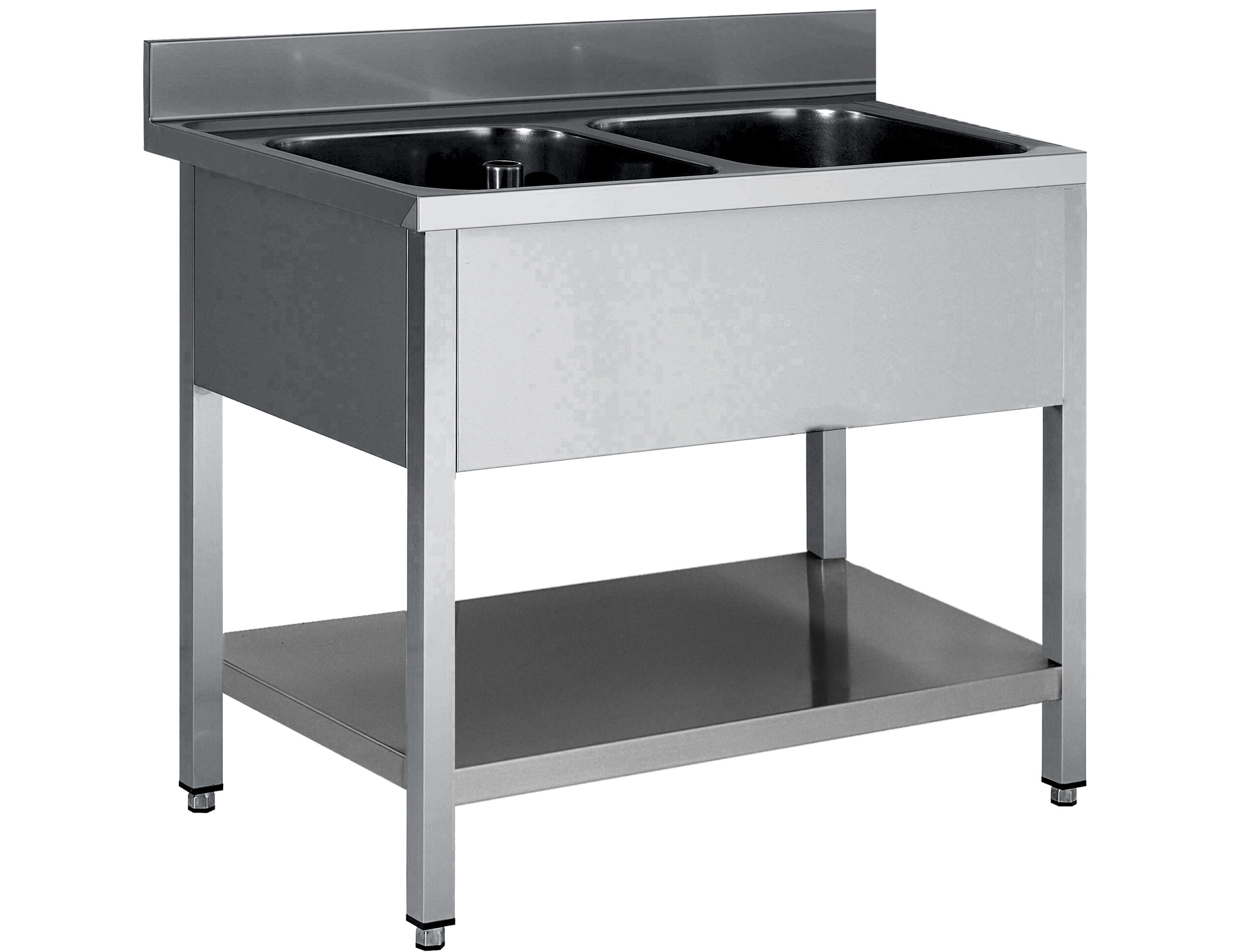 PLONGE INOX 304 DEMONTABLE, 2 BACS 500X500X300 MM PIEDS CARRES, SANS EGOUTTOIR , ETAGERE BASSE