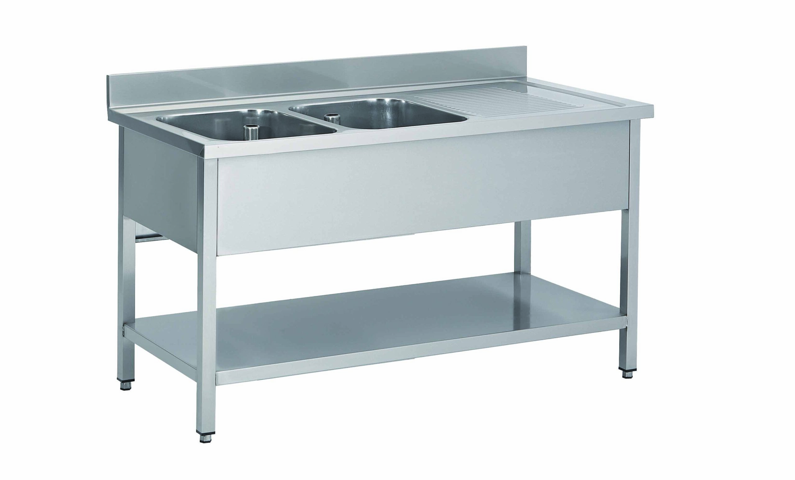 PLONGE INOX 304 DEMONTABLE, 2 BACS 400X400X250 MM PIEDS CARRES, EGOUTTOIR A DROITE , ETAGERE BASSE