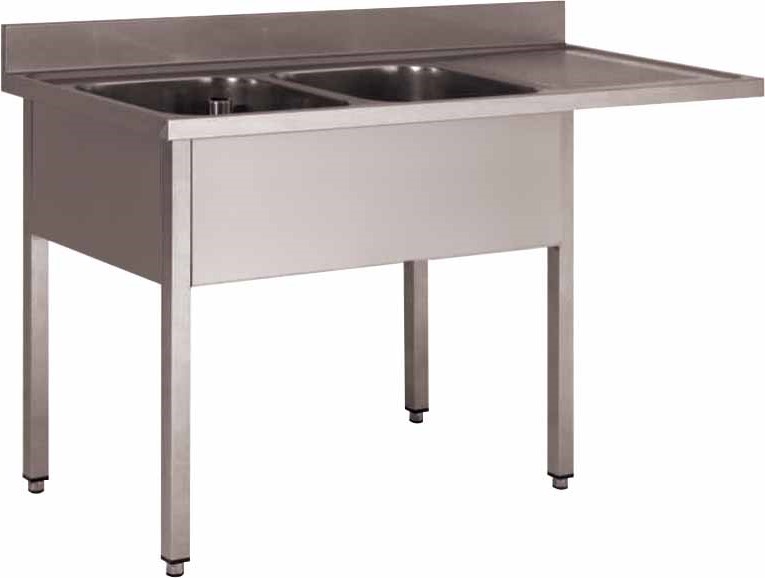 PLONGE INOX 304 DEMONTABLE ENCASTREMENT LV,2 BACS 400X400X250 MM, PIEDS CARRES, EGOUTTOIR A DROITE