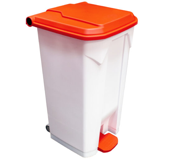 POUBELLE BLANCHE POLYPROPYLENE 90L COUVERCLE ROUGE ROULANTE, COUVERCLE ROUGE