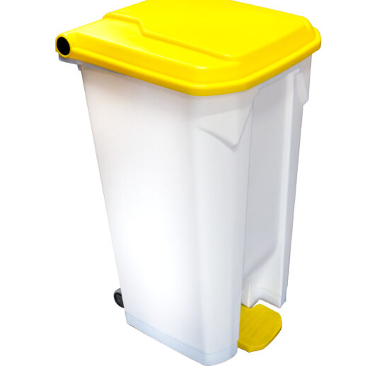 POUBELLE BLANCHE POLYPROPYLENE 90L COUVERCLE JAUNE ROULANTE, COUVERCLE JAUNE