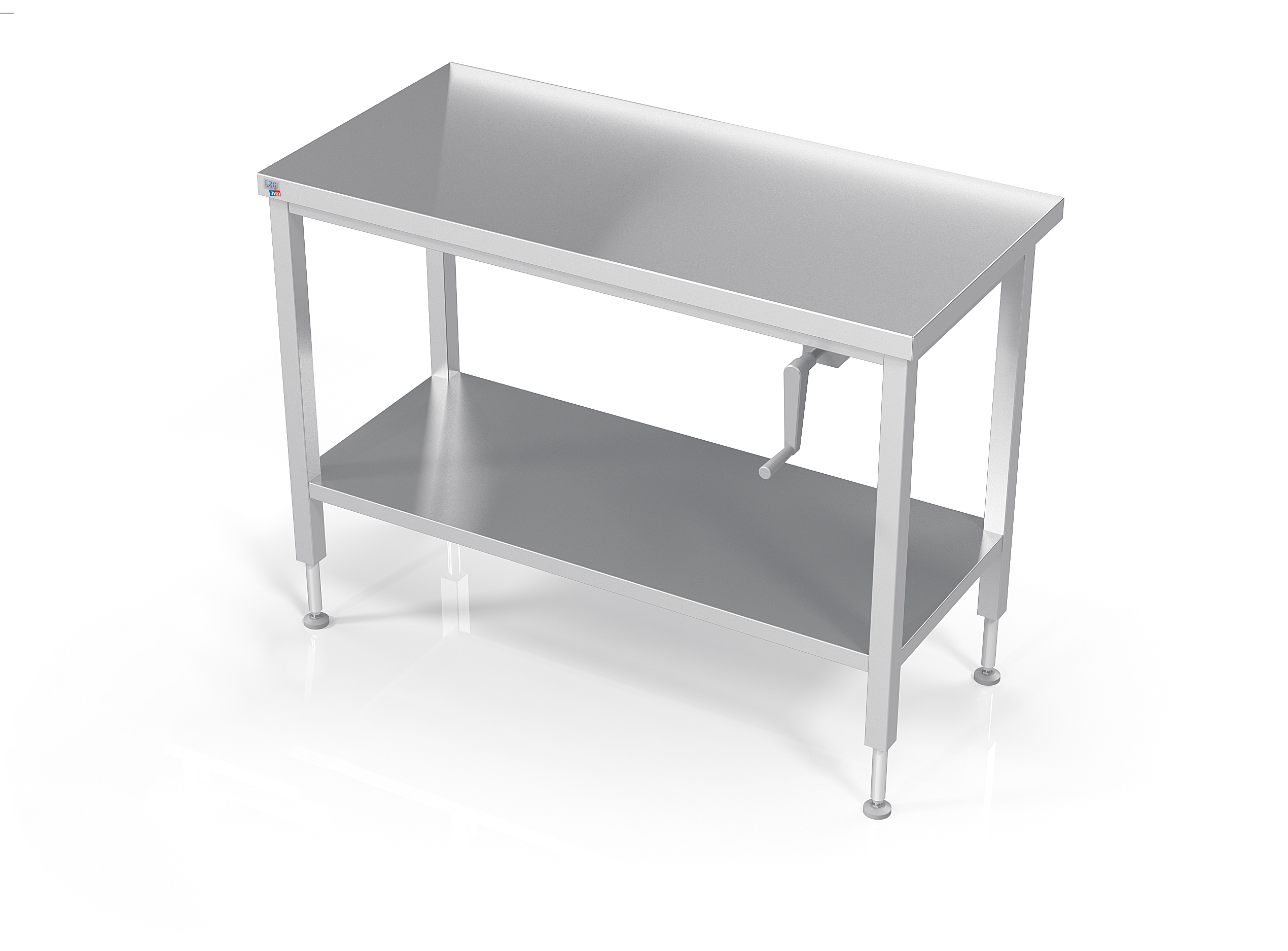 TABLE INOX SOUDEE INOX 304 CENTRALE CONFOR'TABLE + ETAGERE, REGLABLE EN HAUTEUR PAR MANIVELLE