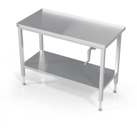 TABLE INOX SOUDEE INOX 304 CENTRALE CONFOR'TABLE + ETAGERE, REGLABLE EN HAUTEUR PAR MANIVELLE