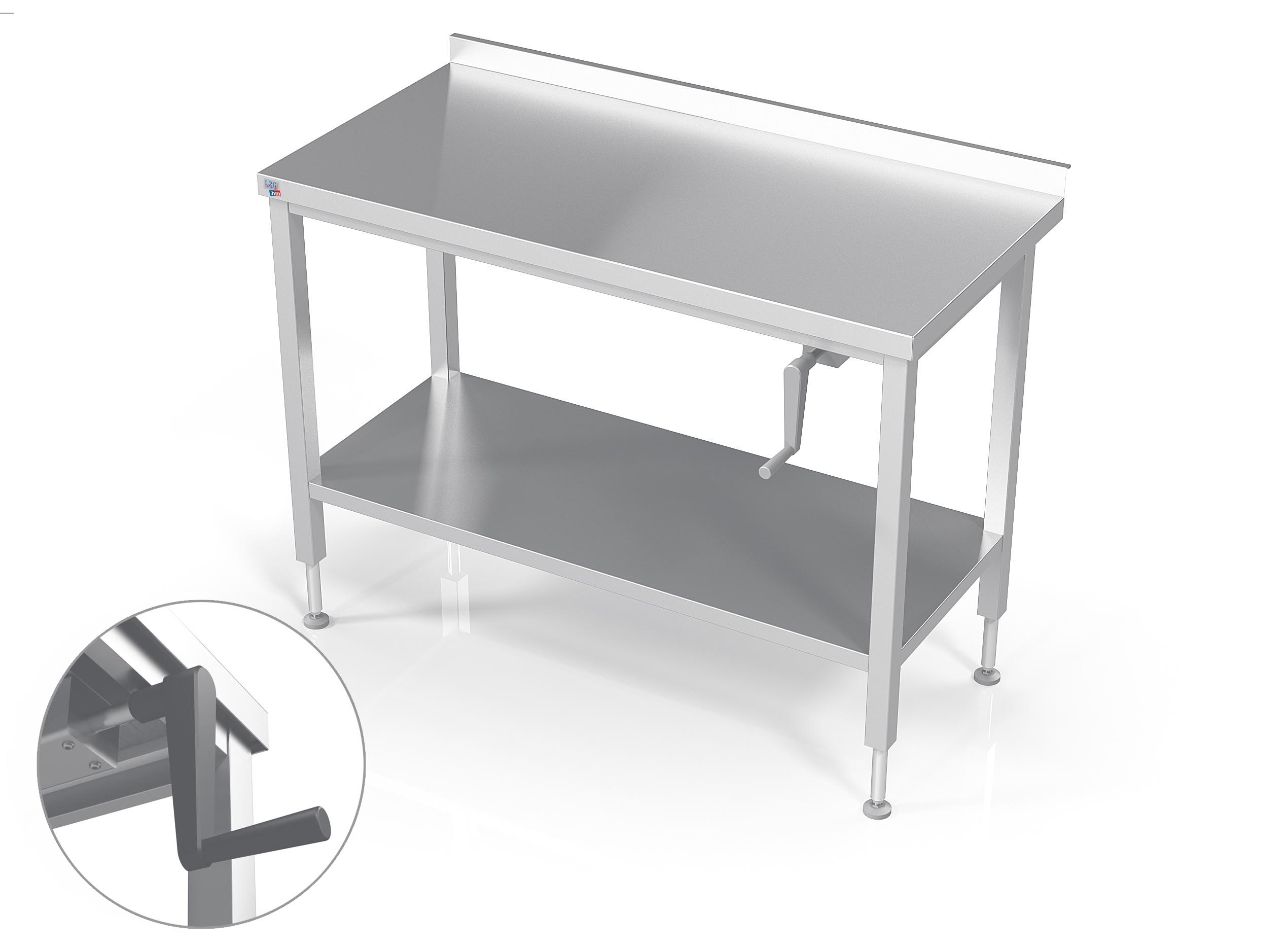 TABLE INOX SOUDEE INOX 304 ADOSSEE CONFOR'TABLE + ETAGERE, REGLABLE EN HAUTEUR PAR MANIVELLE