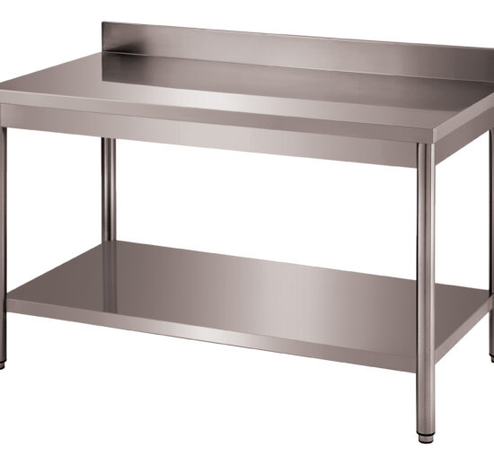TABLE ADOSSEE DEMONTABLE INOX 304, PIEDS RONDS AVEC ETAGERE BASSE