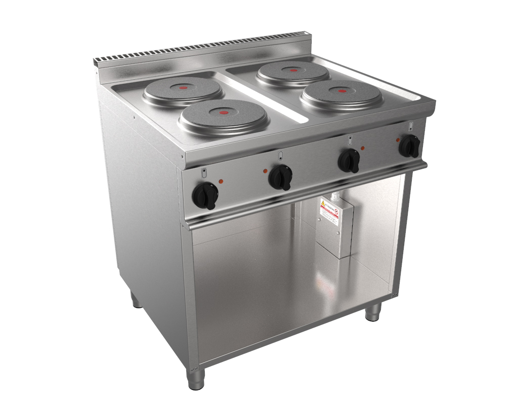 FOURNEAU ELECTRIQUE 4 PLAQUES INOX 304 SUR MEUBLE PLACARD OUVERT