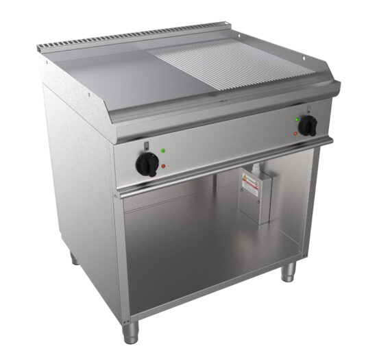 FRY-TOP ELECTRIQUE 1-2 LISSE-1-2 NERVUREE SUR PLACARD OUVERT, SURFACE DE CUISSON: 800X530 MM