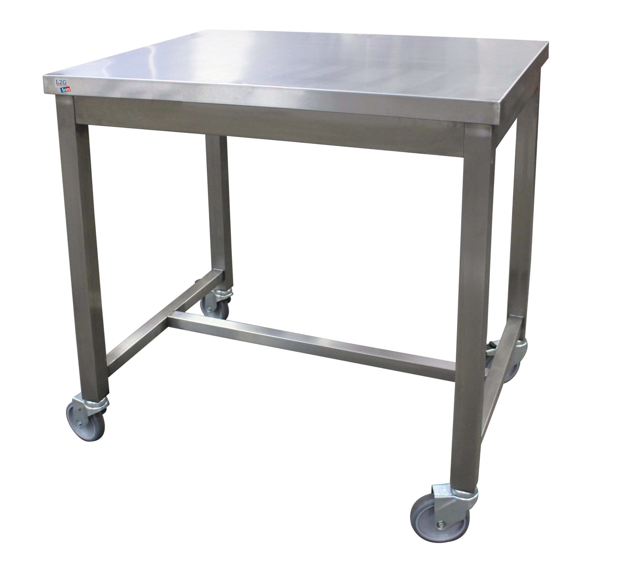 TABLE DE SERVICE INOX SOUDEE, CENTRALE, 4 ROUES DONT 2 A FREINS