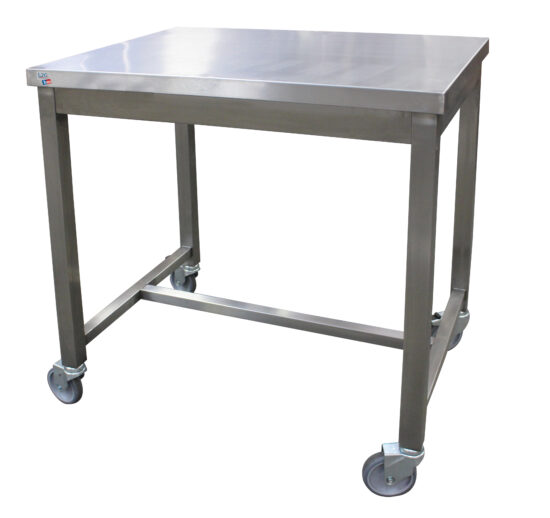 TABLE DE SERVICE INOX SOUDEE, CENTRALE, 4 ROUES DONT 2 A FREINS