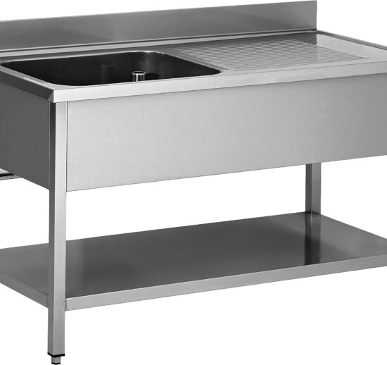 PLONGE INOX 304 DEMONTABLE, 1 BAC 500X400X250 MM PIEDS CARRES, EGOUTTOIR A DROITE , ETAGERE BASSE