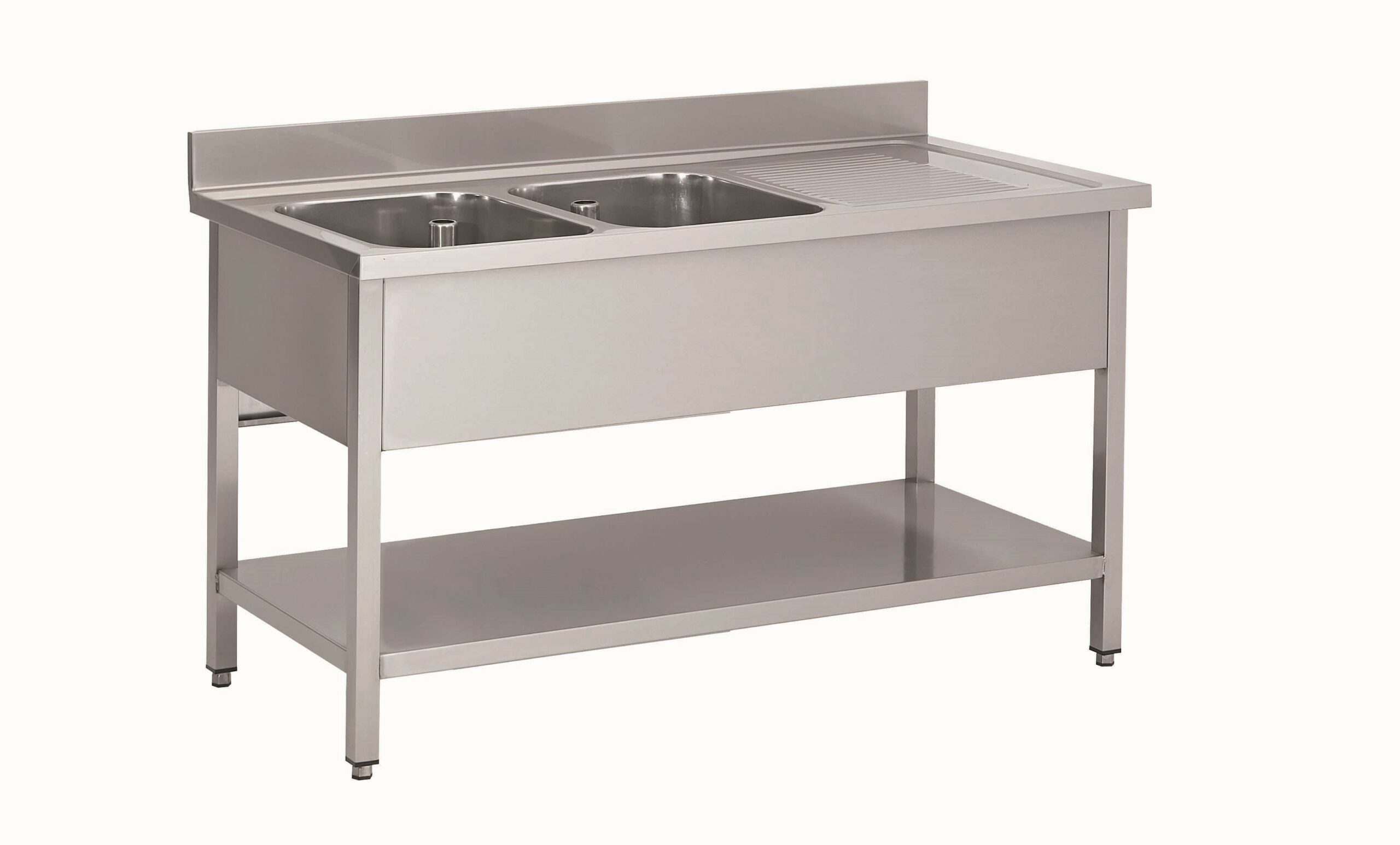 PLONGE INOX SOUDEE, 2 BACS 400X500X250 MM EGOUTTOIR A DROITE AVEC ETAGERE BASSE