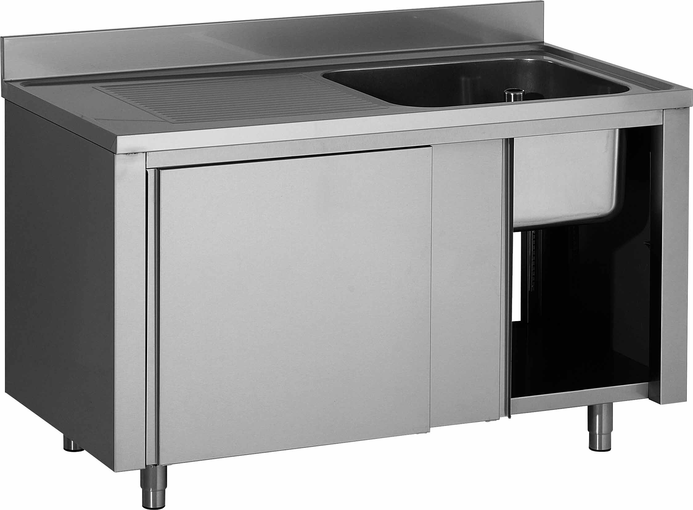 PLONGE PLACARD INOX, 1 BAC 500X500X300 MM, 1 EGOUTTOIR A GAUCHE, PORTES COULISSANTES DOUBLEES