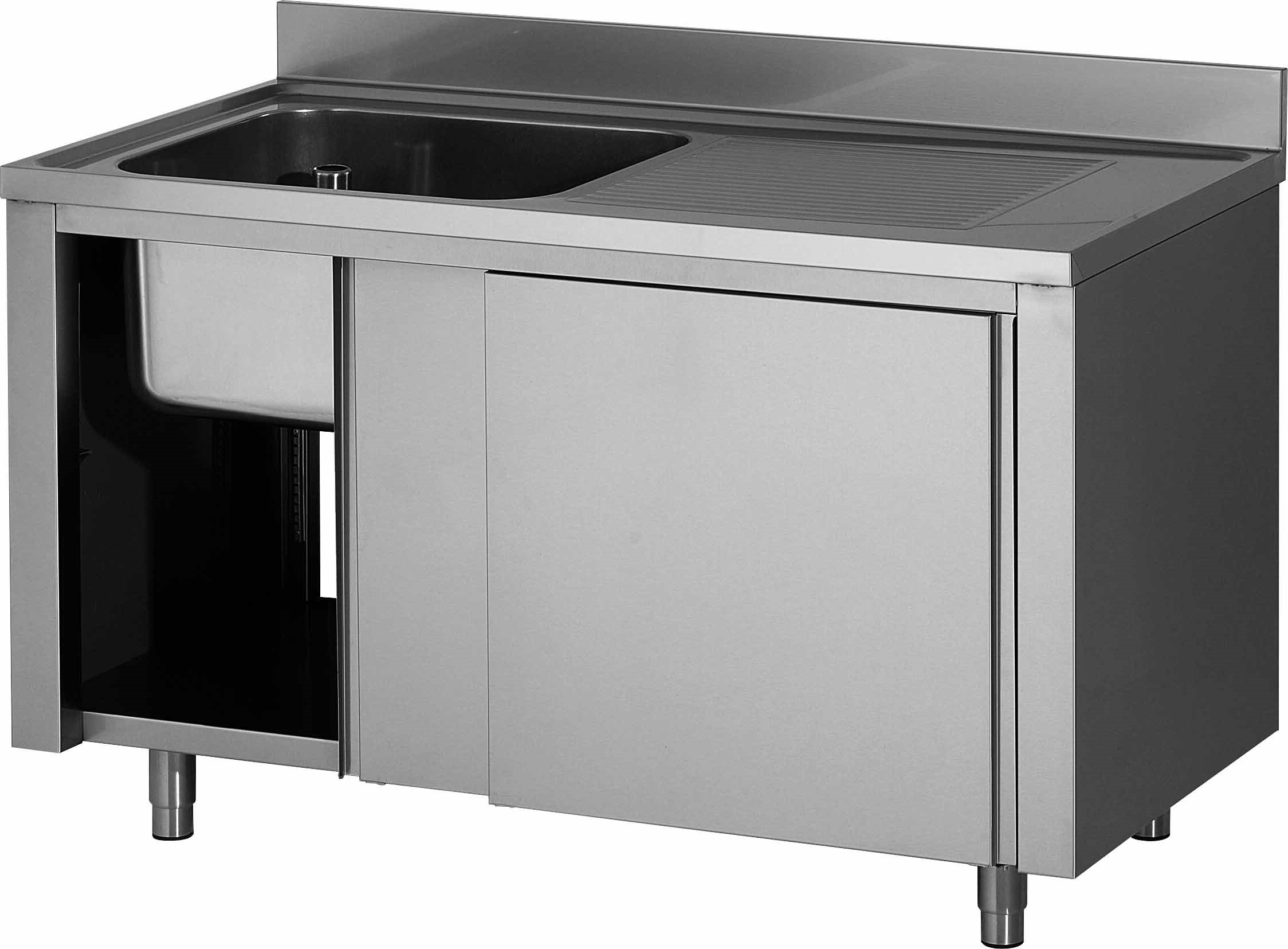 PLONGE PLACARD INOX, 1 BAC 500X400X250 MM, 1 EGOUTTOIR A DROITE, PORTES COULISSANTES DOUBLEES