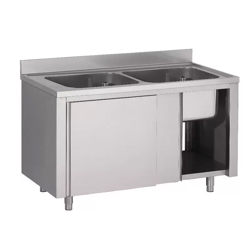 PLONGE PLACARD INOX, 2 BACS 500X400X250 MM, SANS EGOUTTOIR, PORTES COULISSANTES DOUBLEES