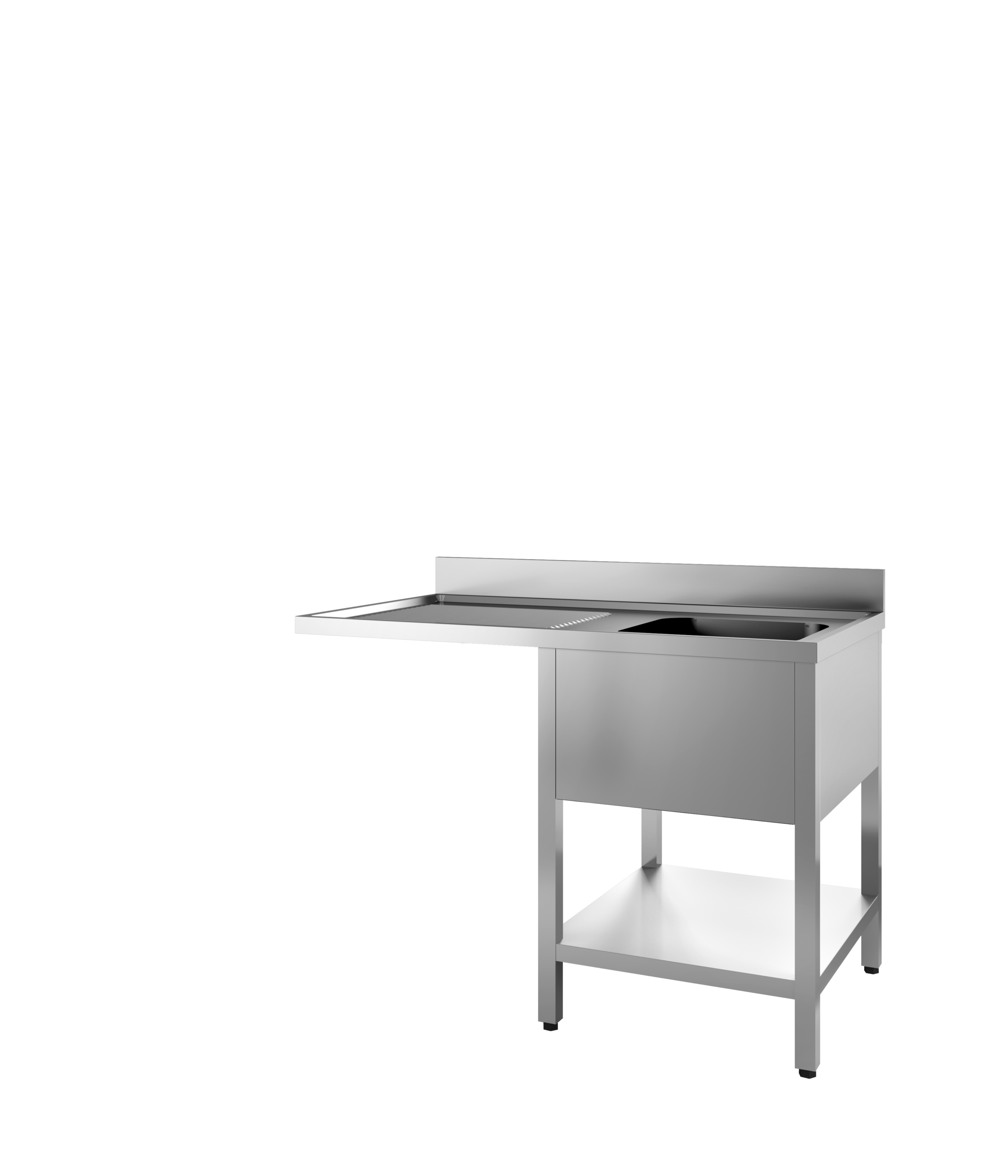 PLONGE INOX 304 SOUDEE, ENCASTREMENT LV 600 MM A GAUCHE, 1 BAC 400X500X250 A DROITE, AVEC ETAGERE
