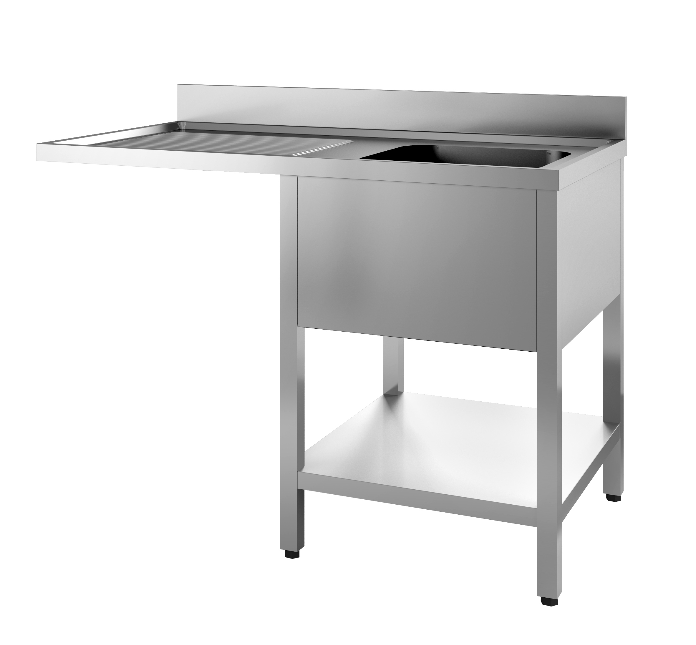 PLONGE INOX SOUDEE, ENCASTREMENT LV BAC DROITE 1 BAC 600X500X300, EGOUTTOIR A GAUCHE AVEC ETAGERE
