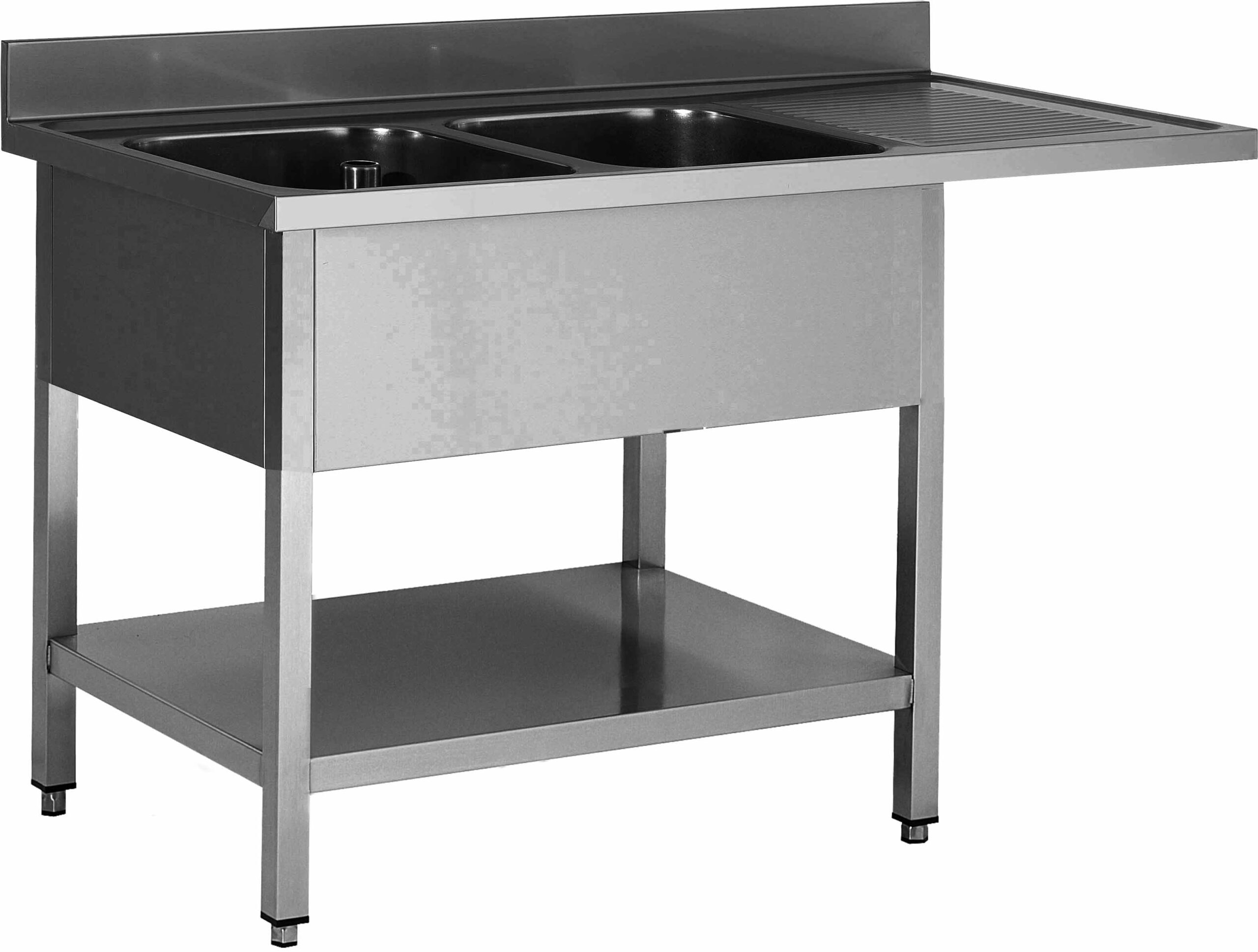 PLONGE INOX SOUDEE, ENCASTREMENT LV BAC GAUCHE 2 BACS 400X500X250 EGOUTTOIR A DROITE AVEC ETAGERE