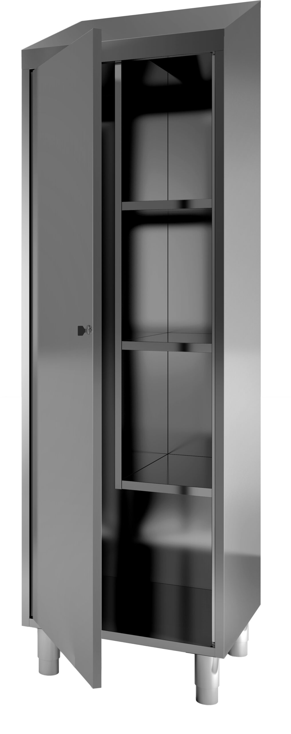 ARMOIRE BALAIS INOX 1 PORTE, TOIT PENTE, 1 COTE 3 ETAGERES REGLABLES + 1 FIXE